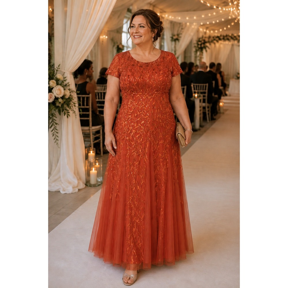 Ever Pretty EE07708 4XL US 24 Burnt Orange Sequin Tulle Formal Maxi Dress